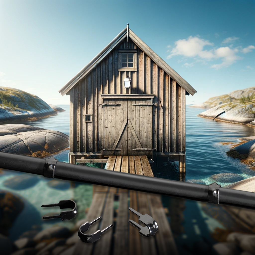 Sort plastbelagt kabel festet med svarte Lettiklammer på utsiden av et værutsatt naust ved kysten. Tre ulike typer svarte klammer vises i forgrunnen, med fokus på holdbarhet og diskret montering i røffe, maritime omgivelser.